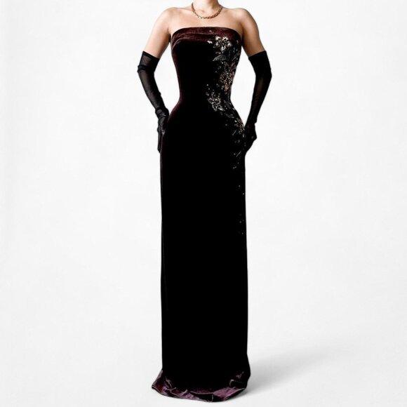 Vintage Brown Velvet Strapless Floral Beaded Sequin Maxi Bodycon Prom Dress M/L - Picture 3 of 7